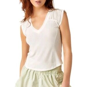 Free People Cream V-Neck Short Sleeve Tee